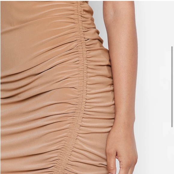 NWT Express Women’s Matte Jersey Ruched Side Tie Mini Dress Pecan XS - Picture 4 of 9